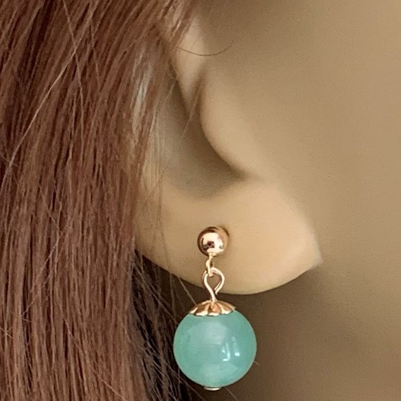 Green Jade Drop Earrings on 14k Gold Filled Posts for Women - Picture 4 of 5